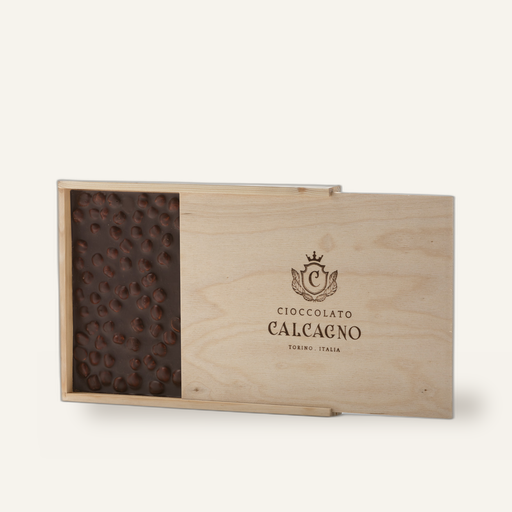 Calcagno Tavoletta di Cioccolato Fondente alle Nocciole in Cassetta di Legno